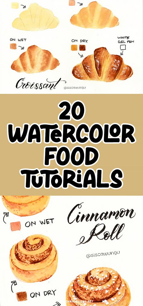 Learn how to paint mouthwatering croissants and cinnamon rolls with these adorable watercolor tutorials! Perfect for beginners and experienced artists alike. You'll also learn how to paint other food and dessert items like ice cream cones, cupcakes, fruit, and more. Desserts Watercolor Painting, Food Recipes Drawing Art, Watercolor Cinnamon Roll, Fruit Painting Tutorial, Menu Illustration Food, Step By Step Food Drawings, Dessert Painting Easy, How To Draw A Croissant Step By Step, Watercolor Cookies Tutorial