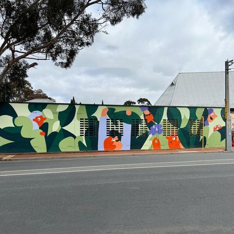 Cécile Gariépy on Instagram: "My first public art piece in Australia now lives its life in the city of Mitcham — YAY 🥹! This church wall has unfortunately heard a lot of swear words, as the wall was rain-damaged a few weeks ago (see last photo for a glimpse of the nightmare). I had to sand down some parts back to the bare concrete and repaint all over again. Thanks a lot to everyone who has helped with this, in real life but also on the World Wide Web ✨. And in case anyone wondered, spreading m Reban Ayam, City Mural, Wall Street Art, Life In The City, Swear Words, Cafe Wall Art, Sidewalk Art, School Murals, Colorful Murals