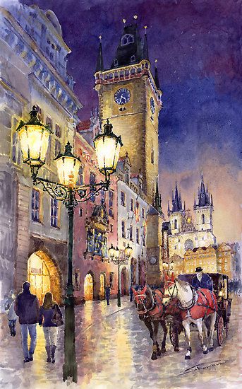 Building Watercolor, Torre Eiffel Paris, Prague Old Town, Old Town Square, Town Square, Cityscape Painting, City Street, Street Scenes, City Art