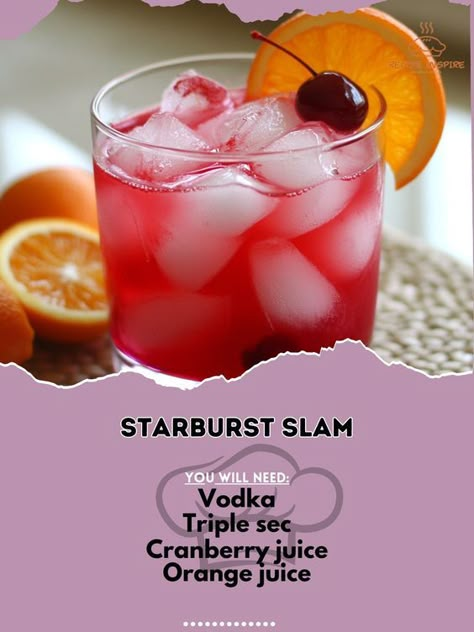 🍹 Savor the fruity burst of Starburst Slam! 🍓🍋 A colorful cocktail for your taste buds! 🌈 #FruityCocktails #VibrantDrinks Starburst Slam Ingredients: Vodka (1 1/2 oz) Triple sec (1 oz) Cranberry juice (2 oz) Orange juice (2 oz) Lemon-lime soda (splash) Ice Orange slice and cherry (for garnish) Instructions: Fill a shaker with ice. Add vodka, triple sec, cranberry juice, and orange juice. Shake well and strain into a glass filled with ice. Top with a splash of lemon-lime soda. Garnish with... Cocktails With Triple Sec, Triple Sec Drinks, Mixed Drinks Alcohol Recipes, Cocktail Drinks Alcoholic, Mixed Drinks Alcohol, Yummy Alcoholic Drinks, Colorful Cocktails, Lemon Lime Soda, Themed Drinks