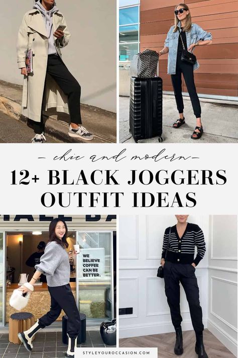 Wondering how to style black sweatpants or black joggers? This list of black joggers outfits for women has it all - casual, comfy, dressy, for work, going out, street style, and looks for spring, summer, fall, and winter. Get a chic aesthetic with these modern black jogger outfit ideas and black leather joggers outfits. Womens Joggers Outfit Winter, Chic Jogger Pants Outfit, Black Joggers Street Style, Cargo Joggers Outfits Women Work, Jogger Outfits Dressy, Jogger Black Pants Outfit, Jogger Style Women, Dressy Comfy Outfits, Black Jogger Airport Outfit