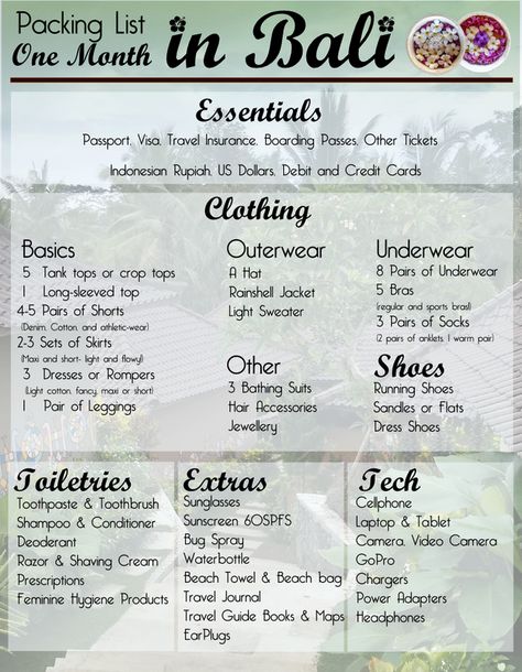 Detailed packing list for an extended trip to a tropical destination. Bali Packing List, Bali Outfit, Bali Bucket List, Bali Holiday, Bali Baby, Greece Destinations, Travel Packing List, Bali Trip, Fun List