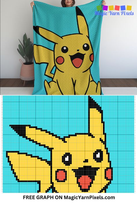 Whether it is for kids or adult fans of Pikachu from Pokémon, use this cute crochet blanket design to make them a wonderful gift. Use this free crochet graph with different size yarns and hooks to crochet a variety of items. From double bed throws, to baby blankets, wall hangings, rugs and pillowcases, you can make them all with this graph. Free Crochet C2c Blanket Pattern, C2c Crochet Blankets, Crochet Graphgan Blanket, 2c2 Crochet Patterns, Graphghan Patterns Free, Graph Pixel Art, Free Crochet Pokemon Patterns, Pixel Blanket Crochet, Graphgan Patterns Free Charts