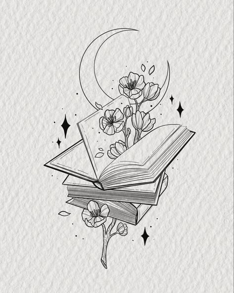 Book stocked tattoo with flowers and the moon design for tattoo Reader Tattoo, Book Inspired Tattoos, Reading Tattoo, Bookish Tattoos, Fantasy Tattoos, Tattoos For Lovers, Line Art Tattoos, Book Tattoo, Book Drawing