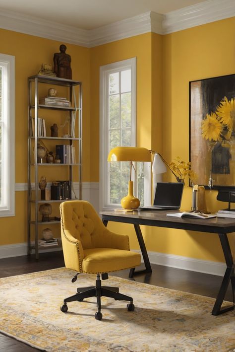 home decor interior design,interior bedroom design,designers kitchen,living room interior Yellow Office Ideas, Yellow Office Walls, Yellow Office Decor, Bright Office Colors, Orange Office Decor, Mustard Office, Home Office Yellow, Yellow Home Office, Yellow Study