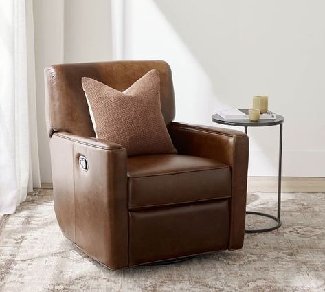 swivel recliner | Pottery Barn Leather Swivel Recliner, Swivel Recliner Chairs, Modern Recliner, Small Entryways, Swivel Recliner, Leather Recliner, Arm Chairs Living Room, Upholstered Arm Chair, Room Interior Design