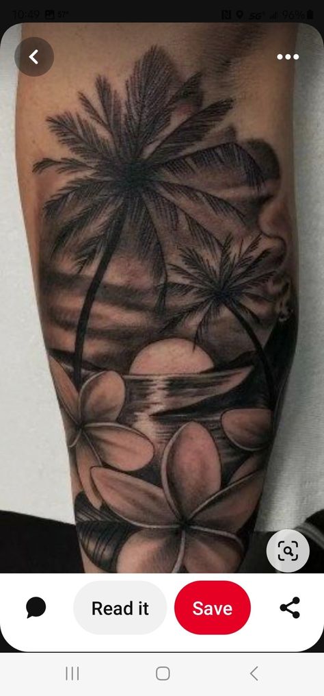 Hawaiian Flower Tattoos Sleeve Hawaii, Island Sleeve Tattoo, Hawaiian Beach Tattoo, Hibiscus Beach Tattoo, Beach Tattoo Shoulder, Tropical Back Tattoo Women, Black And White Plumeria Tattoo, Palm Tree Hibiscus Tattoo, Tropical Half Sleeve Tattoos For Women