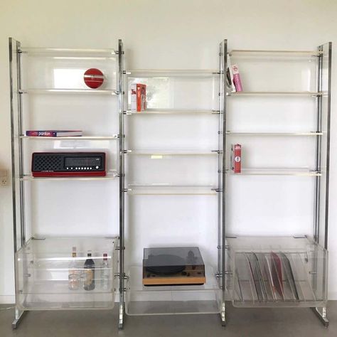 For Sale on 1stDibs - Rare shelf system by Michel Dumas for Roche Bobois, France early 1970s. High quality built clear plexi glass and chrome plated details. The system consists Plexiglass Bookshelves, Free Standing Bookcase, Plexiglass Shelf, F1 Room, House Manifestation, Chrome Shelves, Chrome Shelf, Clear Shelf, White Bookshelves