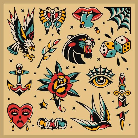 Old School Tattoos, Flash Sheet Tattoo Ideas, American Traditional Flash, Tattoos 2024, Inspo Tattoo, Traditional Tattoo Flash Art, Traditional Tattoo Old School, Flash Ideas, Tattoo Vector