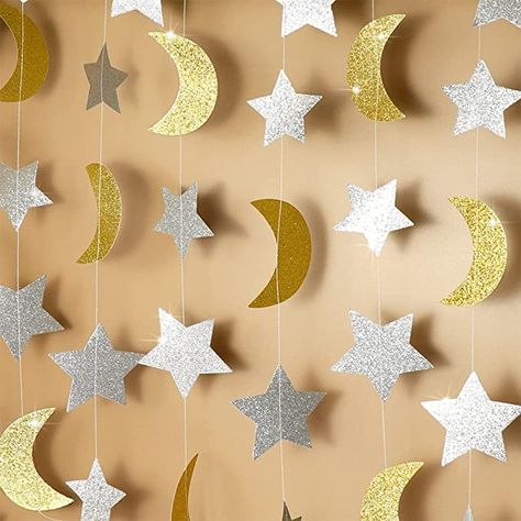 Moon Party Decorations, Moon Decorations, Glitter Falling, Twinkle Twinkle Little Star Party, Prince Baby Shower Decorations, Diy Eid Decorations, Moon Stars Baby Shower, Decoraciones Ramadan, Paper Garlands