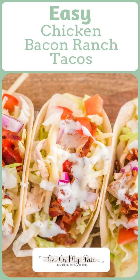 These Easy Chicken Bacon Ranch Tacos are a flavorful, family-friendly meal that comes together in 20 minutes. Featuring juicy chicken, crispy bacon, tangy ranch, and your favorite toppings makes a delicious and hearty meal everyone will love! Chicken Bacon Ranch Tacos Recipe, Bacon Ranch Chicken Tacos, Chicken Bacon Ranch Tacos, Ranch Tacos, Chicken Ranch Tacos, Chicken Bacon Ranch Pasta, Chicken Ranch, Chicken Crispy, Ranch Pasta Salad