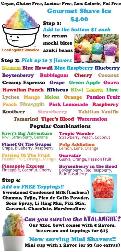 Snow Cone Flavors Recipes, Snow Cone Recipes Shave Ice, Shaved Ice Truck Ideas, Shaved Ice Trailer Ideas, Sno Cone Ideas, Gourmet Snow Cones, Shave Ice Recipe, Snowcone Flavor Combos, Sno Cone Stand Ideas