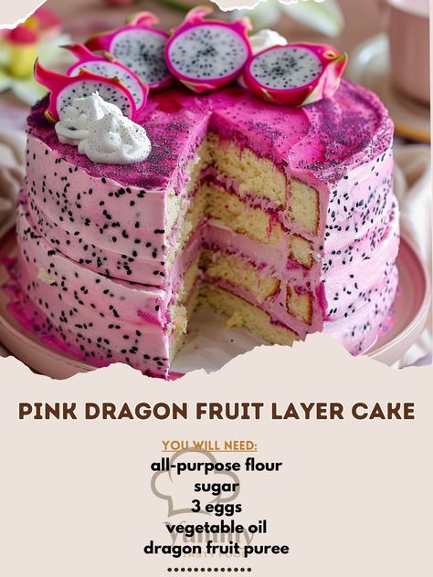 🍰🐉 Experience the exotic taste and vibrant color of our Pink Dragon Fruit Layer Cake! #DragonFruitCake #ColorfulBaking 🍽️ Pink Dragon Fruit Layer Cake 🛒 Ingredients: 200 grams all-purpose flour 200 grams sugar 3 eggs 100 ml vegetable oil 100 ml dragon fruit puree 10 grams baking powder Frosting: 300 grams cream cheese 150 grams powdered sugar 100 ml whipping cream 👩‍🍳 Instructions: Prepare Batter: Beat eggs and sugar until fluffy. Mix in oil and dragon fruit puree. Gradually add flour and... Dragon Fruit Cake Recipe, Dragonfruit Cake, Cakes With Frosting, Fruit Layer Cake, Dragon Fruit Dessert, Cake Buah, Dragon Fruits, Pink Dragon Fruit, Fruit Du Dragon