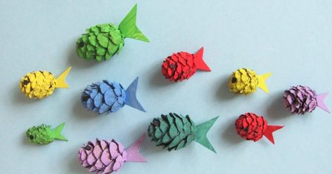 Pine Cone Fish Pinecone Art For Kids, Pine Cone Crafts For Kids, Kindy Art, Pinecone Art, Cone Snail, Pinecone Flowers, 4h Ideas, Pinecone Crafts Kids, Arty Ideas