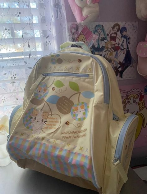 cute blue cream masyumaro backpack Cutecore Backpack, Cute Backpacks Aesthetic, Sanrio Backpack, Pastel Backpack, Sanrio Bag, Kawaii Bags, Bags Cute, Cute Backpack, School Accessories