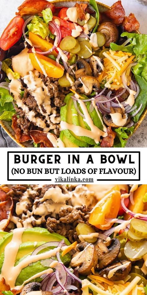 Everything you love in a burger without the mess! This burger in a bowl recipe is light, delicious and satisfying! Load it with anything you love and make it your own. Burger In A Bowl, Healthy Bowls Recipes, Rice Bowls Recipes, Healthy Bowls, Health Dinner, Dinner Bowls, Health Dinner Recipes, Bowl Recipe, Bowls Recipe