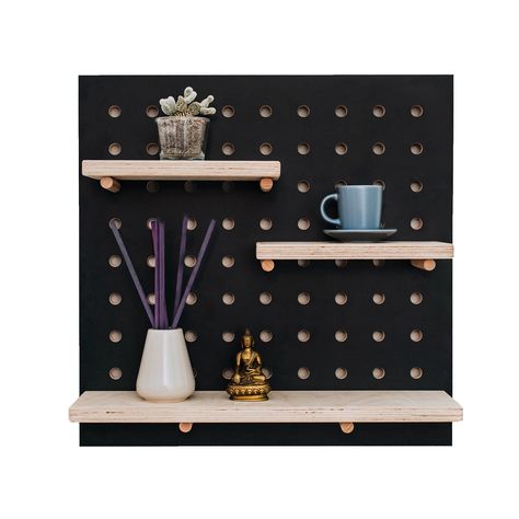 HOW TO INSTALL IT? https://www.youtube.com/watch?v=tez40sx4sYk The perfect multifunctional pegboard - wall organizer in a square shape is an ideal option for those who appreciate creativity in organizing space. Pegboard SQUARE is a practical, but also extremely aesthetic option to create space in any room, office, kitchen, garage or sales stand. The Pegboard is recommended by architects and interior designers. Pegboard is more than ordinary! The wall organizer is suitable for any type of interio Shelf With Pegs, Black Pegboard, Peg Board Shelves, Wooden Pegboard, Elegant Home Office, Pegboard Display, Wand Organizer, Traditional Shelves, Pegboard Organization