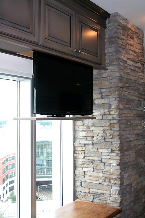 What a unique way to store your Television in a kitchen. #RhodeIslandContractor Tv In Kitchen Cabinet, Kitchen Prep Table, Prep Table, Tv In Kitchen, Tv In Bathroom, Hidden Tv, Hidden Kitchen, Kitchen Prep, Tv Design