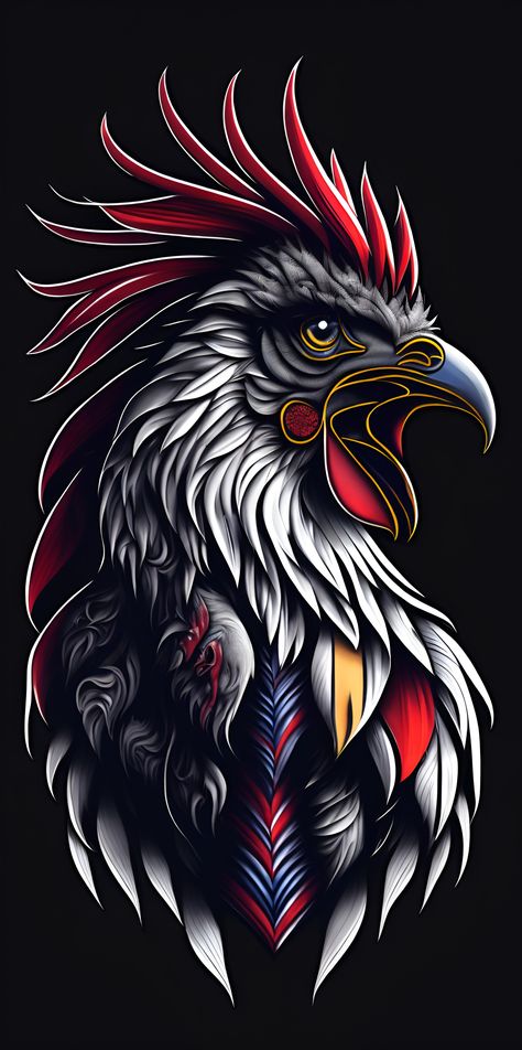 A_detailed_illustration_a_print_of_vintage_rooster Rooster Graffiti, Rooster Logo Design, Rooster Wallpaper, Rakel Sablon, Rooster Paintings, Rooster Artwork, Rooster Images, America Flag Wallpaper, Rooster Illustration