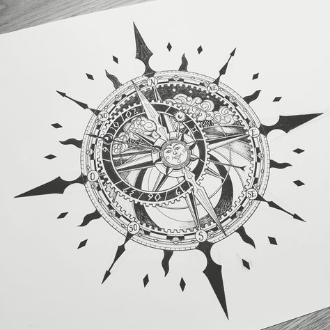 Helm And Compass Tattoo, Space Compass Tattoo, Steampunk Compass Drawing, Compass Ink Drawing, Compass Tattoo Drawing Sketch, Mechanical Compass Tattoo, Virgo Tattoo Designs, Compass Drawing, Compass Rose Tattoo