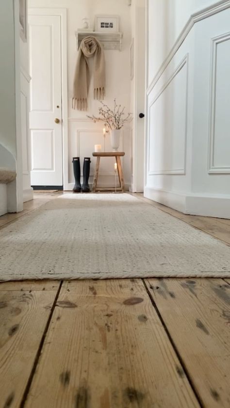 becshomestyle on Instagram: I actually did it myself…. I sanded back and varnished the floorboards, added panelling to the walls and painted it all 🤍 Then added some… Wide Hallway Ideas, Cambridge Uk, Jute Runner, Entrance Hallway, Hallway Decorating, Cambridge, Hallway, Decorating Ideas, Entrance