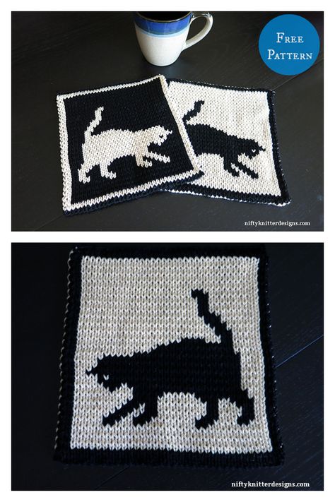 Cat Playtime Potholder Free Knitting Pattern Potholder Patterns Free, Double Knitting Patterns, Knitting Help, Holiday Knits, Potholder Patterns, Cat Scarf, Knitted Cat, Knit Dishcloth, Free Cats