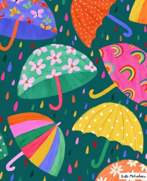 Spring Art Prints, Happy Illustration Art, Kate Mcfarlane, Two Color Pattern, Drawing Colourful, Colourful Paintings, Umbrella Illustration, Colourful Patterns, Colour Drawing