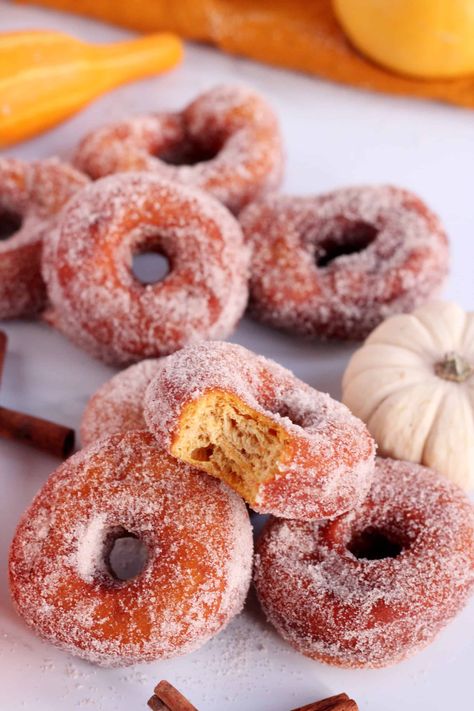 PUMPKIN DONUTS - Julia Recipes Pumpkin Donuts Recipe, Homemade Donuts Recipe, Baked Donut Recipes, Cinnamon Sugar Donuts, Sugar Donut, Biscuit Dough, Dough Recipes, Pumpkin Recipes Dessert, Homemade Donuts