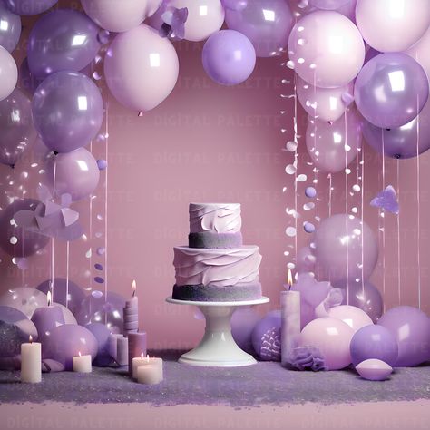 Celebrate in style with this charming purple-themed digital backdrop! Featuring a beautiful arrangement of balloons, candles, and a tiered cake, this high-quality digital background is perfect for birthdays, baby showers, or any special event. With soft lavender and pastel tones, this backdrop creates an elegant and festive atmosphere, making your photos truly stand out. Ideal for photographers, party planners, or content creators, it's the perfect addition for creating memorable party moments. Light Pink And Purple Party Decorations, Sweet 16 Pink And Purple Theme, Lilac Party Decorations, Lavender Party Decor, Lavender Birthday Decorations, Lavender Party Theme, Purple Theme Birthday, Purple Themed Birthday Party, Purple Baby Shower Theme