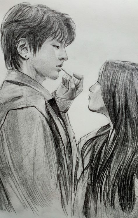 #kdrama #truebeaty #koreandrama #kdramalove #kpop #makeup Tumblr, Kdrama Drawing Pencil, Kdrama Sketches, Human Sketches, Cute Couple Sketches, Kpop Makeup, Shorts Hair, Beauty Drawings, Couple Sketch