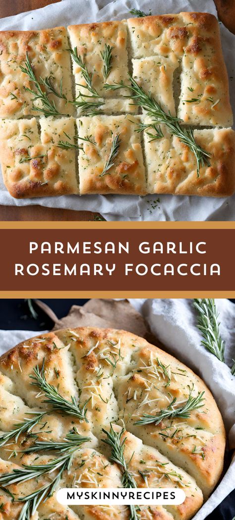 🍞✨ Homemade Parmesan Garlic Rosemary Focaccia Bread! Soft, chewy, and bursting with savory flavors. Perfect for dipping in olive oil 🌿🧀 #FocacciaRecipe #HomemadeBread #myskinnyrecipes Herb And Cheese Focaccia, Essen, Sourdough Focaccia Toppings, Homemade Bread Rosemary, Garlic Herb Focaccia Bread, Rosemary Cheese Bread, Olive Oil Rosemary Bread, Fall Bread Recipes Savory, Rosemary Focaccia Bread Recipe