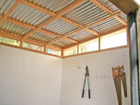 I love the peg board for storage and organization. This 8x10’ studio/shed built in Petaluma, CA features rain-screen siding built of reclaimed redwood fencing. A polycarbonate clerestory provides ample light for any use. The interior walls are plywood and pegboard to provide a finished appearance with flexible use/storage options... #buildashed Reclaimed Wood Diy, Shed Plans 8x10, Diy Storage Shed Plans, Diy Storage Shed, Corrugated Metal Roof, Build Your Own Shed, Studio Shed, Modern Shed, Small Sheds