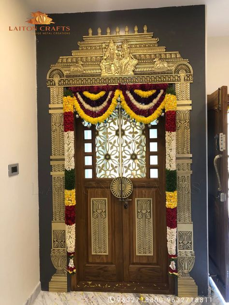 Brass Pooja door designs Pooja Room Models, Brass Door Design, Traditional Temple Design For Home, Pooja Room Arch Design, Traditional Main Door Design Indian, Door Arch Design, Pooja Room Door Design Traditional, Door Border Design, Traditional Pooja Room Design