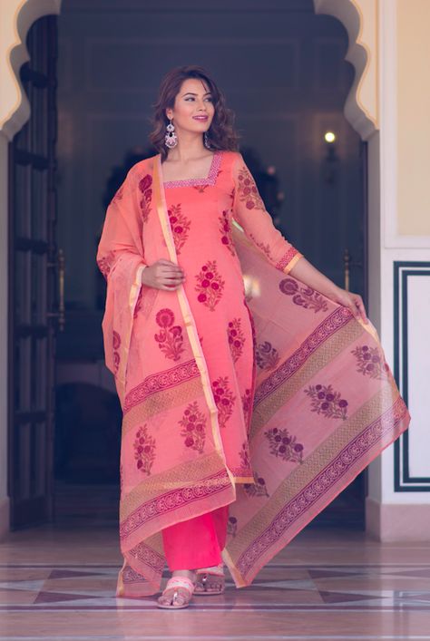 Coral Peach Hand Block Printed Kota Doriya Suit Set Doriya Kurti Design, Doriya Suit Design, Kota Doriya Suit Designs, Block Print Dupatta, Hand Block Printed Suits, Kota Doria Suits, Indian Salwar Suit, Salwar Suit Designs, Indian Salwar