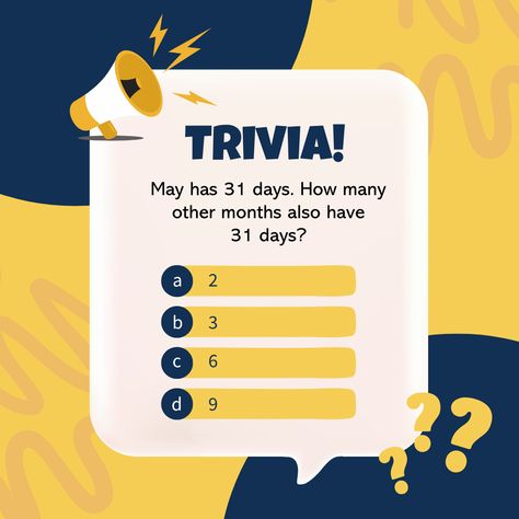 🎉Make your guess to this fun trivia question and check below for the answer! 

📍Join your friends on the 3rd floor at 11:00am for Trivia and Games on 🕛Tuesday May 14th! 

👉 Check out this and other fun activities on the May activity calendar here: https://encoreatavalonpark.com/calendar/activity-calendar/
. 
. 
. 
😃 Answer is C. 

  #everydaysanencore #encoreatavalonpark #assistedliving #orlandoassistedliving #memorycare #orlandomemorycare #activitiy #avalonpark #community #successfulaging Trivia Design, Food Business Card, Fun Trivia Questions, Calendar Activities, Graphic Design Course, Trivia Questions And Answers, Memory Care, Trivia Quiz, Trivia Questions