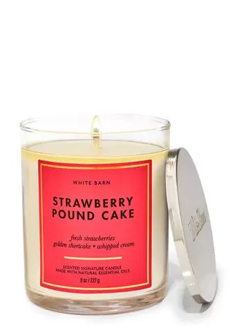 Strawberry Pound Cake Signature Single Wick Candle | Bath & Body Works Strawberry Pound Cake, Bath & Body Works, Pound Cake With Strawberries, Bath And Body Work, Candle Branding, Bath Candles, Candle Cake, Best Fragrances, White Barn