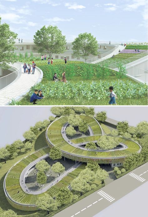 Urban Farming Architecture, Children Architecture, Green Roofs, Kindergarten Design, Green Architecture, Environmental Awareness, Green City, Urban Farming, Roof Garden