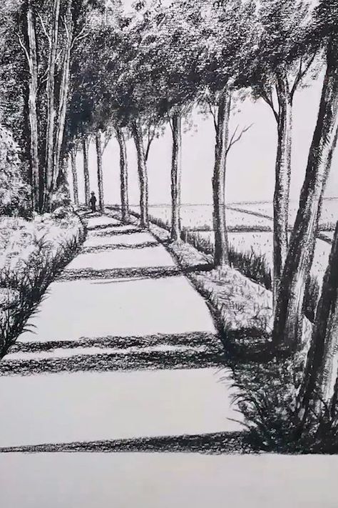 Landscape Drawing Perspective, Pencil Drawings Of Nature Landscapes, Pencil Art Drawings Landscape, Sketch Ideas Nature, Drawing Ideas Scenery, Landscape Sketch Nature, How To Draw Landscape, Land Scape Drawing, Scenic Drawings