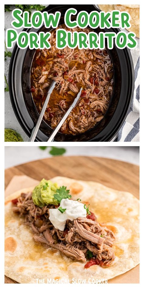 If you're looking for a different way to make burritos, then try these Slow Cooker Pork Burritos. All you need is a large pork shoulder, some Rotel, fire roasted green chiles, onion, and a few seasonings to whip up the best shredded pork burrito meal. - The Magical Slow Cooker Crock Pot Pulled Pork Tenderloin, Shredded Pork Crockpot, Crockpot Pork Shoulder, Pulled Pork Burritos, Tenderloin Recipes Crockpot, Slow Cooker Pork Shoulder, Pork Burritos, Slow Roasted Pork Shoulder, Portuguese Dishes