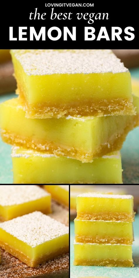 The best vegan lemon bars are tangy, sweet and lemony with a buttery shortbread crust and a filling that tastes like lemon meringue pie! Vegan Lemon Bars Recipe, Vegan Lemon Recipes, Vegan Cookie Bars, Vegan Lemon Desserts, Vegan Lemon Bars, Vegan Recipes For One, Vegan Dessert Bars, Vegan Bars, Alpha Gal