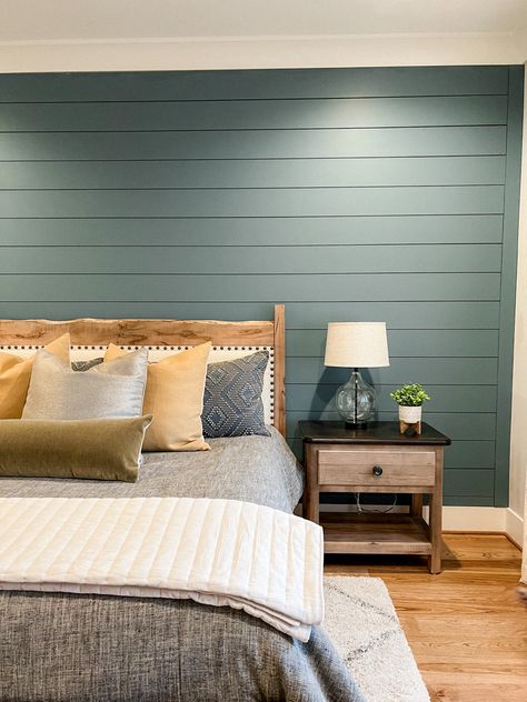 Stunning shiplap accent wall in bedroom | paint color - Refuge by Sherwin Williams #shiplap #accentwall #farmhouse Accent Wall In Bedroom, Bedroom Paint Color, Shiplap Bedroom, Wall Behind Bed, Comfy Cozy Home, Basement Guest Rooms, Green Accent Walls, Accent Wall Colors, Shiplap Accent Wall