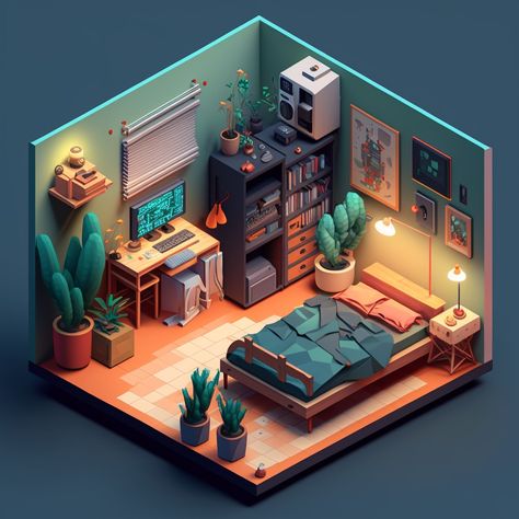 Gaming Room Isometric, Low Poly Isometric Room, 3d Isometric Illustration, Isometric Art Blender, Isometric 3d Art, Isometric Art 3d, Isometric Gaming Room, Isometric Design Architecture, Isometric Room Design