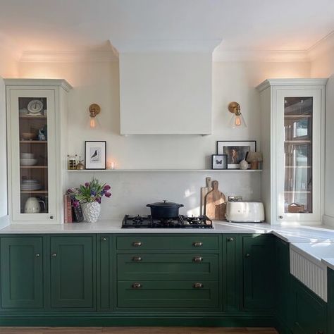 Green Kitchen Shaker Cabinets, Green And White Shaker Kitchen, Green Shaker Style Kitchen, Green Kitchen Two Tone, Two Tone Kitchen Cabinets 2023, Shaker Kitchen Two Tone, Green And White Two Tone Kitchen, Millie Turner Designs, Green Two Tone Kitchen