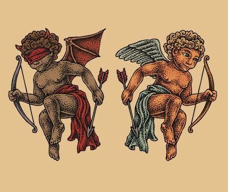 Evil Angel Tattoo, Good And Evil Tattoos, Cupid Tattoo, Cherub Tattoo, Evil Tattoo, Evil Tattoos, Quality Tattoo, Angel Tattoo Designs, Hawaiian Tattoo