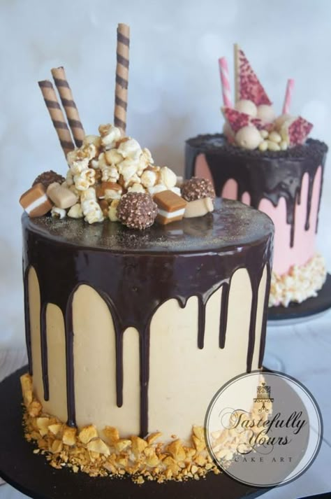 Double the fun by Marianne: Tastefully Yours Cake Art Bolo Drip Cake, Drippy Cakes, Cakes Decorated, 21st Cake, Chocolate Drip Cake, Cake Hacks, Drip Cake, Cake Chocolate, Occasion Cakes