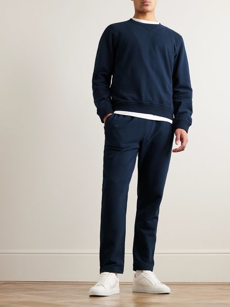 DESIGNED BY MR PORTER. Mr P. understands that the basics are just as important as the statement pieces in your wardrobe. This sweatshirt is cut from cotton-jersey that has a soft, plush handle and is designed for a relaxed fit. This product is part of Mr P.'s PERMANENT collection, a range of premium everyday staples designed to form the foundation of the modern man's wardrobe. Mens East Coast Fashion, Men’s Casual Outfits Work, Navy Outfits Men, Navy Blue Winter Outfit, Men Basic Outfit, Office Outfits For Men, Office Outfits Men Young Professional, Basic Mens Outfits, Office Outfit Men