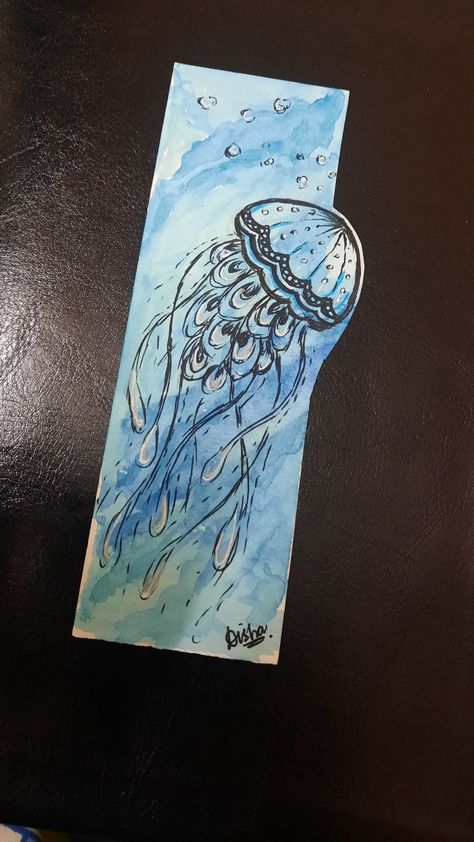 Ocean Bookmark Diy, Sketch Book Marker, Unique Bookmarks Diy, Bookmark Ideas Watercolor, Bookmark Watercolor Ideas, Jellyfish Bookmark, Watercolor Bookmarks Diy, Bookmark Drawing Ideas, Bookmark Design Ideas