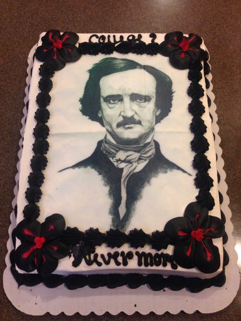 My husbands graduation cake!! Edgar Allan Poe It says "College? Nevermore" Edgar Allen Poe Cake, Goth Cake, Contemporary History, Edgar Allen, Harry Potter Artwork, Allen Poe, Edgar Allen Poe, Graduation Cake, Organized Chaos