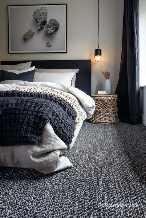 For this space, we can see inspiration from the stone texture with the artwork and the mixed fiber carpet. Black Bedroom Carpet, Bedroom With Charcoal Carpet, Dark Gray Carpet Bedroom, Charcoal Carpet Bedroom, Bedroom Charcoal Carpet, Dark Grey Carpet Bedroom, Bedroom Inspirations Black, Black Carpet Bedroom, Bedroom Carpet Ideas