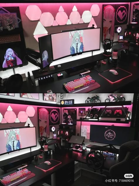 Streamer Office Ideas, Pink Game Room Ideas, Gaming Setup Women, Pink And Black Set Up Gaming, Black White And Pink Gaming Setup, Black White And Pink Pc Setup, Pc Setup Pink And Black, Female Gamer Setup, Black And Pink Gaming Room